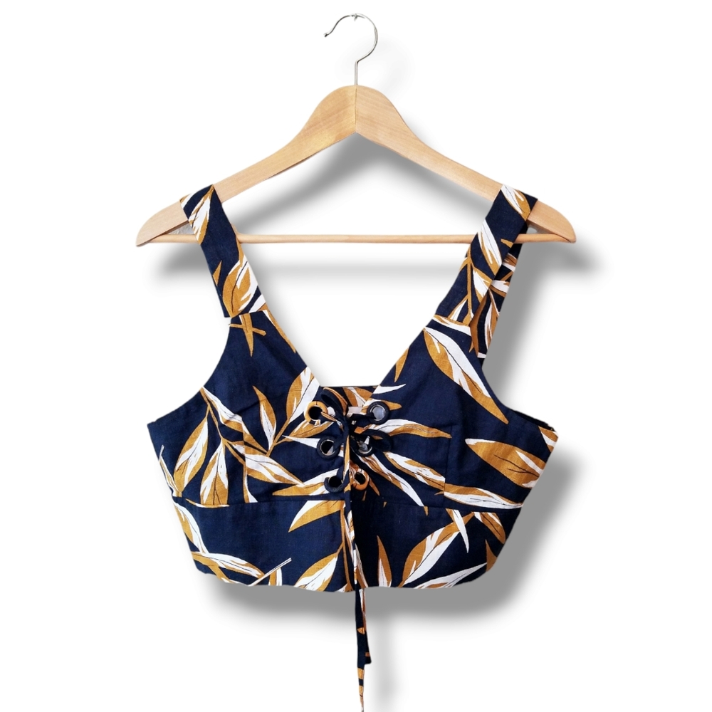 J.O.A. Tropical Print Cropped Cotton Lace Up Tank Top | M
